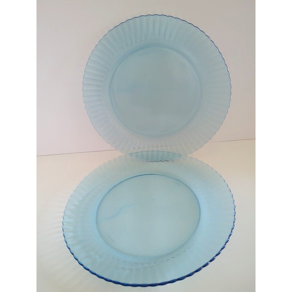 Vintage ForteCrisa Azure Blue Glass Scalloped Dinner Plates Mexico Set of 2 10in